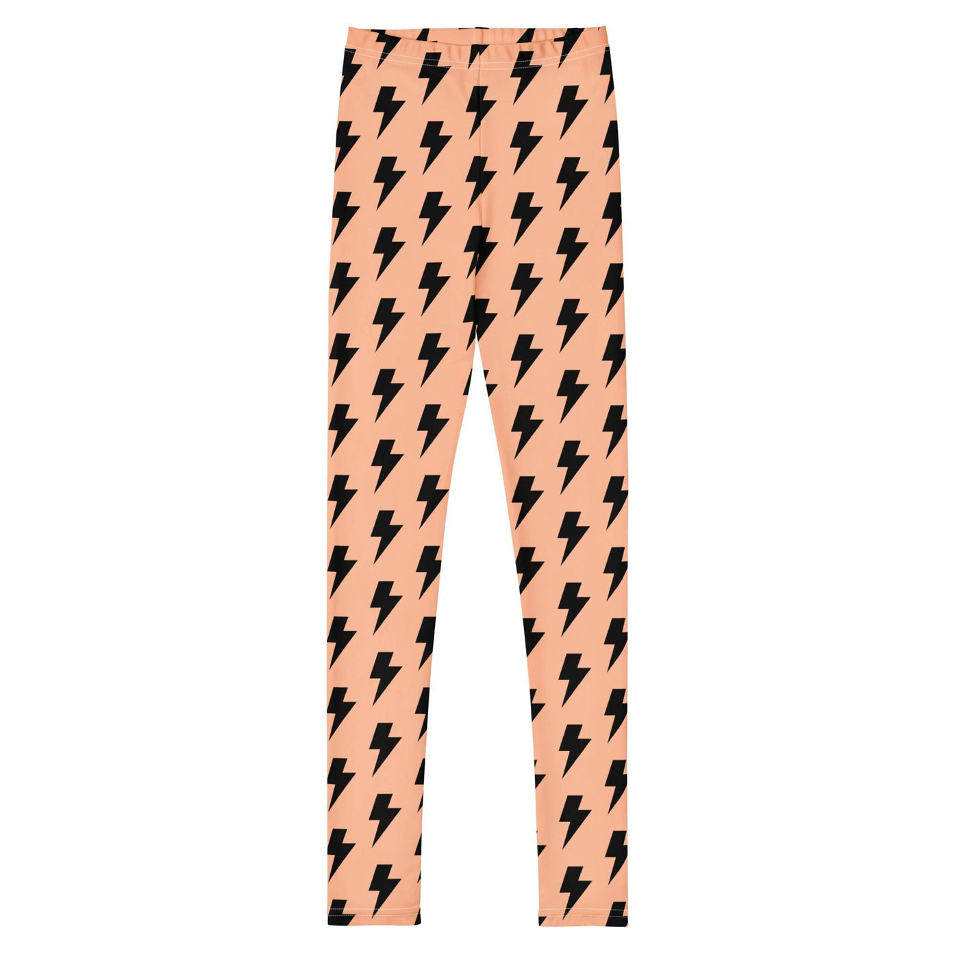 Youth leggings in peach with black lightning bolt pattern, soft elastic fabric, four-way stretch, perfect fit for active kids.
