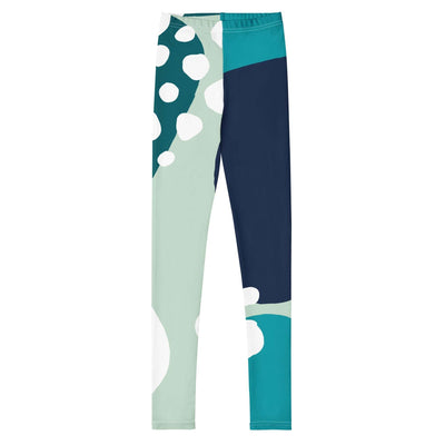Youth leggings with vibrant blue and green abstract pattern, made of soft, stretchy fabric for comfort and durability.