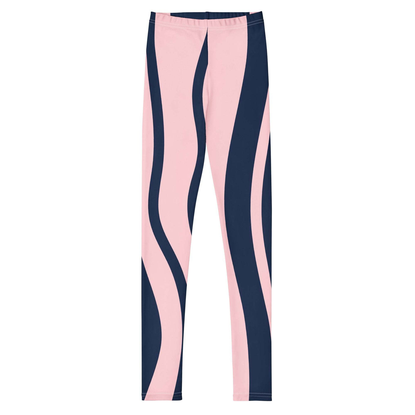 Youth leggings with vibrant pink and navy wavy stripes, made from soft and stretchy microfiber fabric for a comfortable fit.