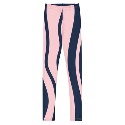 Youth leggings with vibrant pink and navy wavy stripes, made from soft and stretchy microfiber fabric for a comfortable fit.