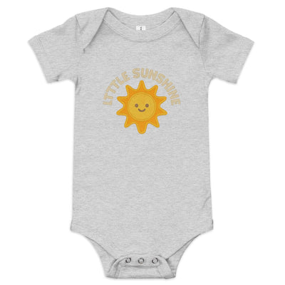 Gray baby short sleeve one piece with a smiling sun and "Little Sunshine" text, made of 100% cotton with snap leg closure and envelope neckline.