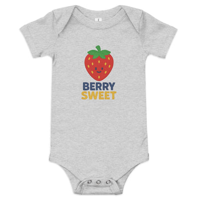 Gray baby short sleeve one piece with a smiling strawberry graphic and "Berry Sweet" text, made of 100% cotton with