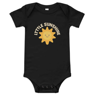 Black baby short sleeve one piece with "Little Sunshine" text and smiling sun graphic, 100% cotton with three-snap leg closure.