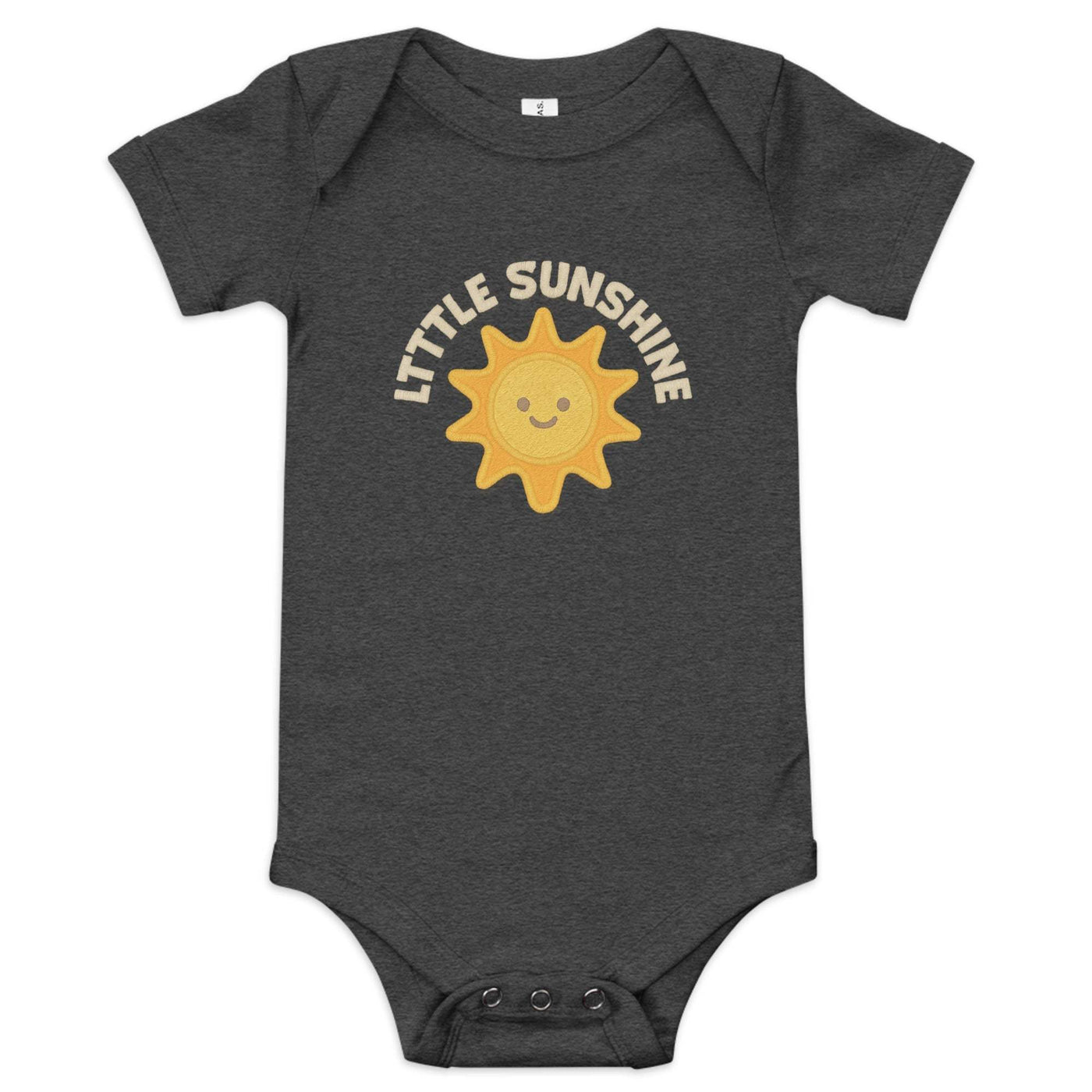 Dark gray baby short sleeve one piece with a smiling sun graphic and "Little Sunshine" text, made of 100% cotton with three snap leg closure and envelope neckline.