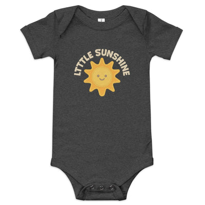 Dark gray baby short sleeve one piece with a smiling sun graphic and "Little Sunshine" text, made of 100% cotton with three snap leg closure and envelope neckline.