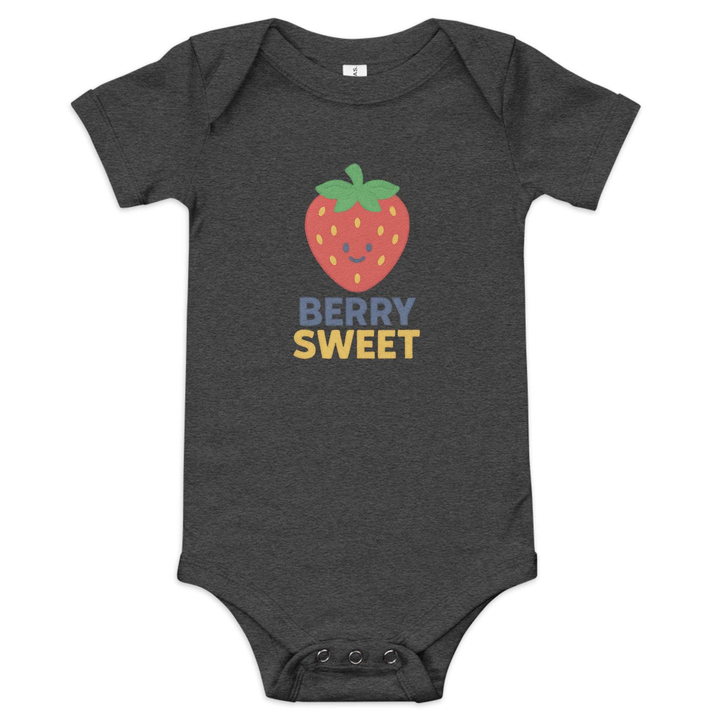 Dark gray baby short sleeve one piece with a smiling strawberry graphic and