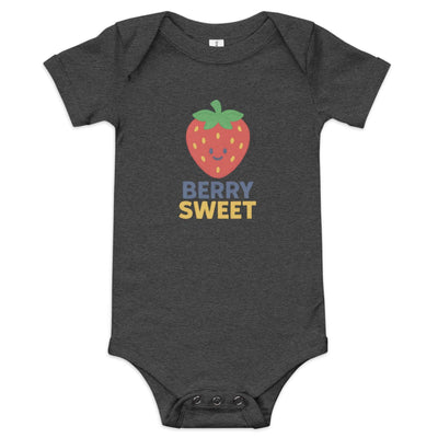 Dark gray baby short sleeve one piece with a smiling strawberry graphic and