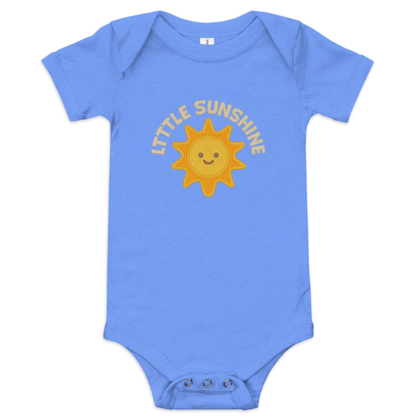 Blue baby short sleeve one piece with smiling sun graphic and "Little Sunshine" text, 100% cotton with three-snap leg closure and envelope neckline.