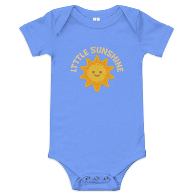 Blue baby short sleeve one piece with smiling sun graphic and "Little Sunshine" text, 100% cotton with three-snap leg closure and envelope neckline.