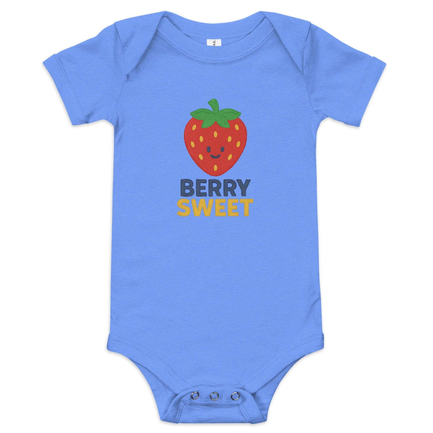 Blue baby short sleeve one piece with a cute smiling strawberry graphic and