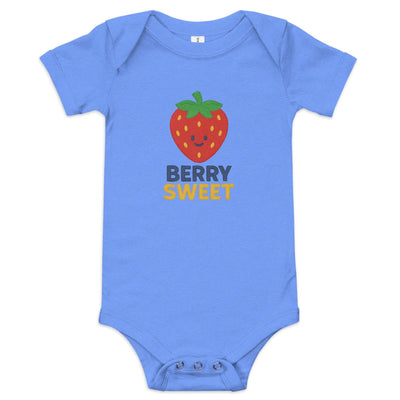 Blue baby short sleeve one piece with a cute smiling strawberry graphic and