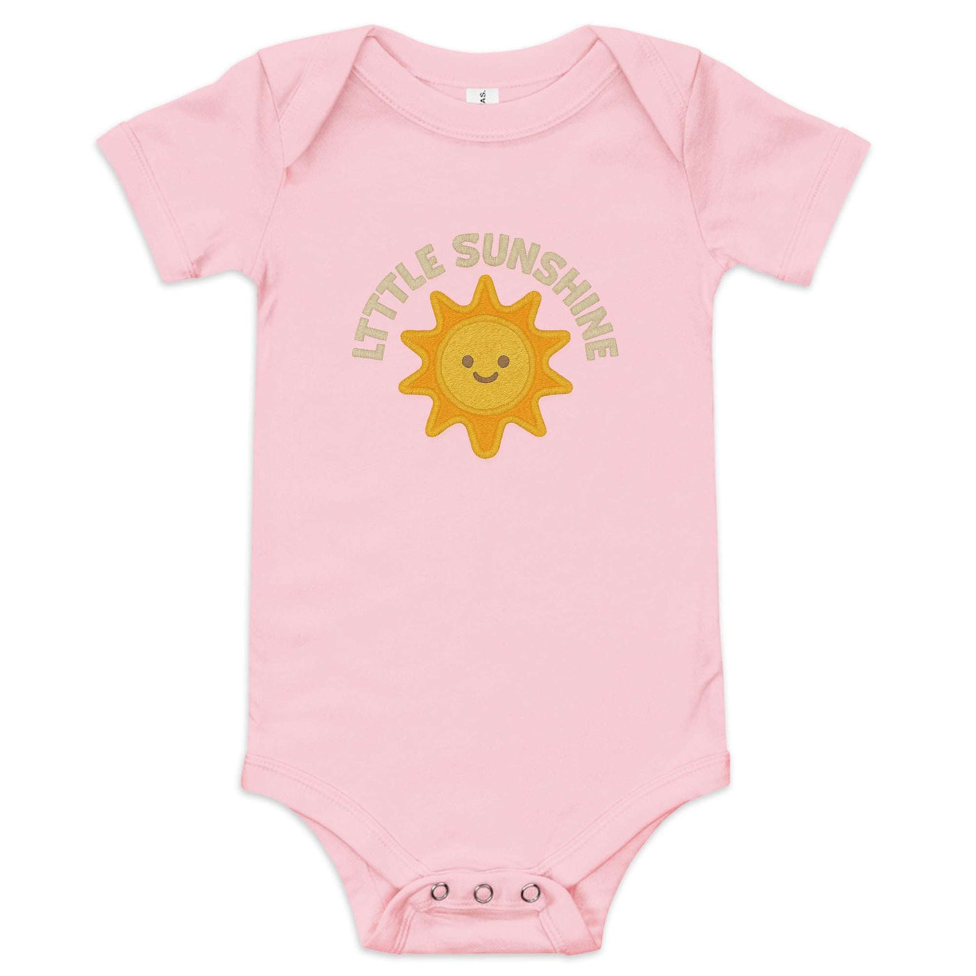 Pink baby short sleeve one piece with "Little Sunshine" sun graphic and three-snap leg closure made of 100% cotton.