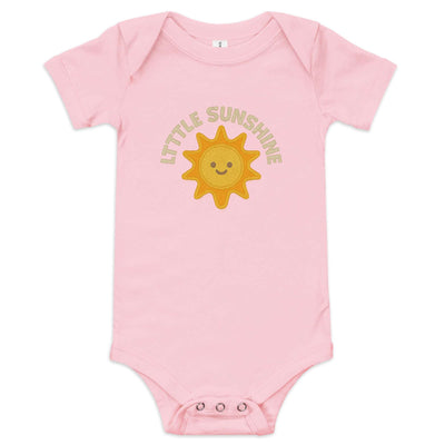 Pink baby short sleeve one piece with "Little Sunshine" sun graphic and three-snap leg closure made of 100% cotton.