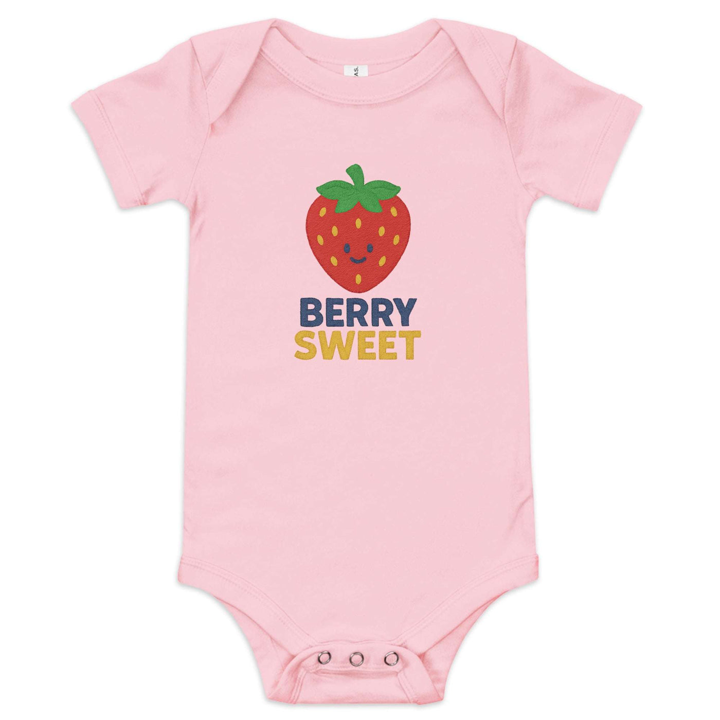 Pink baby short sleeve one piece with a smiling strawberry graphic and "Berry Sweet" text, made of