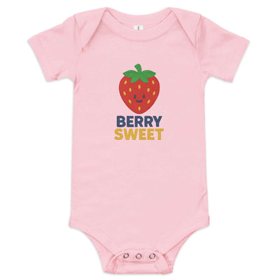 Pink baby short sleeve one piece with a smiling strawberry graphic and "Berry Sweet" text, made of