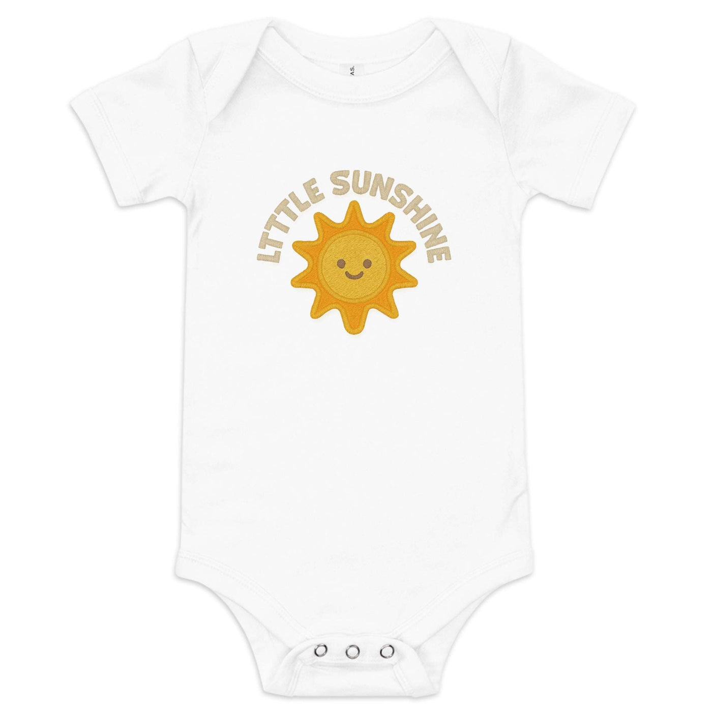 White baby short sleeve one piece with smiling sun graphic and "Little Sunshine" text, made of 100% cotton with three snap leg closure and envelope neckline.