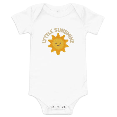 White baby short sleeve one piece with smiling sun graphic and "Little Sunshine" text, made of 100% cotton with three snap leg closure and envelope neckline.