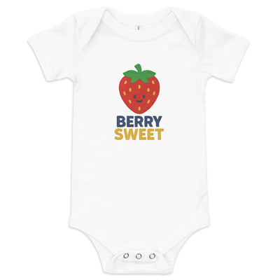 White baby short sleeve one piece with a smiling strawberry graphic and "Berry Sweet" text, made of 100% cotton with three-snap leg closure and envelope neckline.