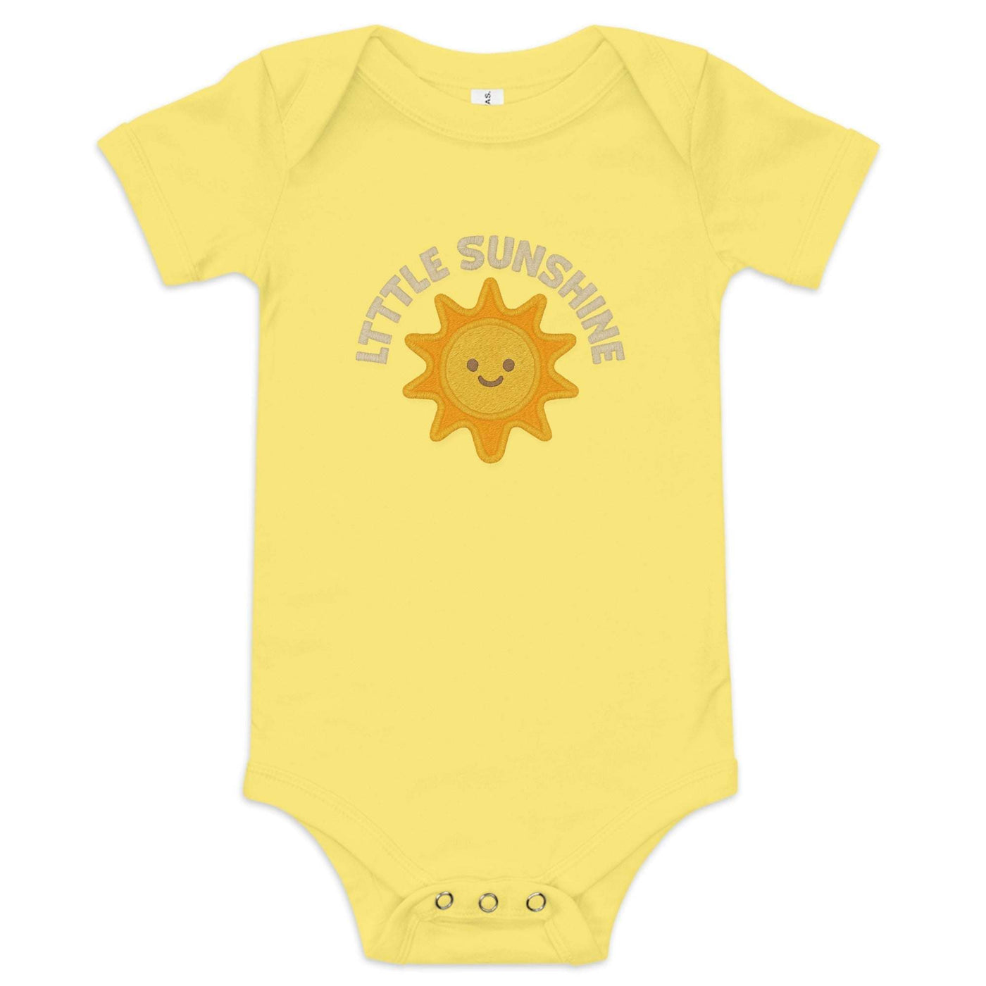 Yellow baby one piece with "Little Sunshine" sun graphic, short sleeves, and three snap leg closure in soft cotton fabric.