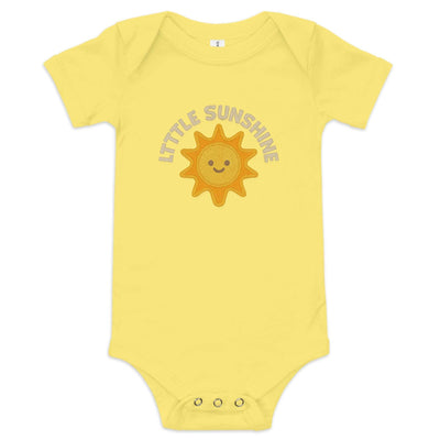 Yellow baby one piece with "Little Sunshine" sun graphic, short sleeves, and three snap leg closure in soft cotton fabric.