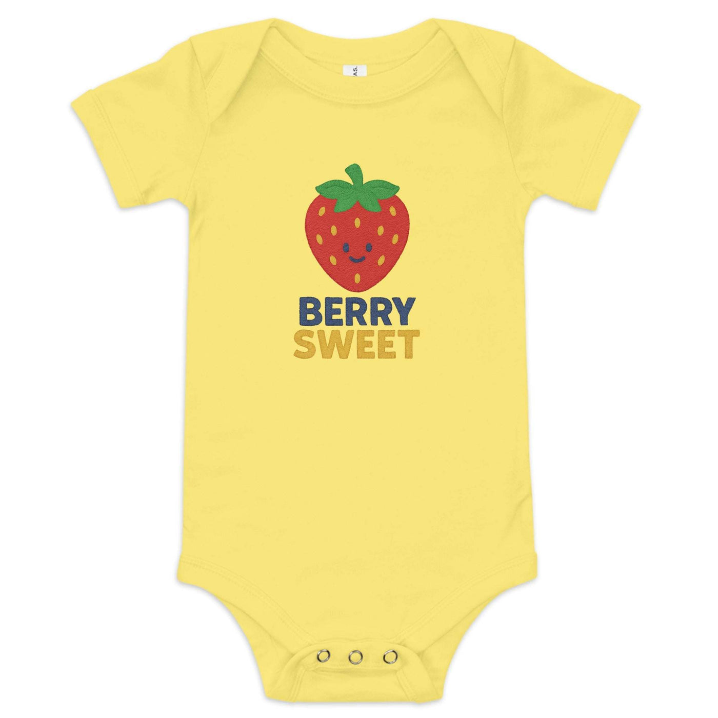 Yellow baby short sleeve one piece with smiling strawberry graphic and "Berry Sweet" text, made of 100% cotton with three-snap leg closure and envelope neckline.
