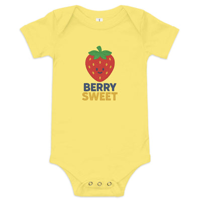 Yellow baby short sleeve one piece with smiling strawberry graphic and "Berry Sweet" text, made of 100% cotton with three-snap leg closure and envelope neckline.
