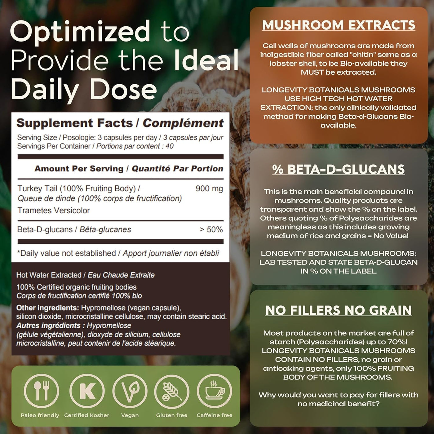 Organic Turkey Tail Mushroom Extract Capsules (120) | Concentrated 10:1 Ratio | 100% Fruiting Bodies | Trametes Versicolor Natural Supplement for Gut & Immune Support