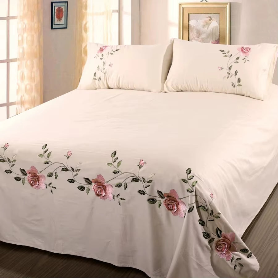 Rose Flora Embroidery Design Flat Bed Sheet Solid Colour Cotton Twill Linen Bedding Luxury Home Textiles Queen King Size