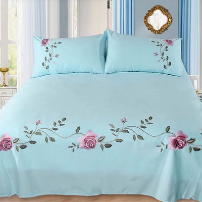 Rose Flora Embroidery Design Flat Bed Sheet Solid Colour Cotton Twill Linen Bedding Luxury Home Textiles Queen King Size