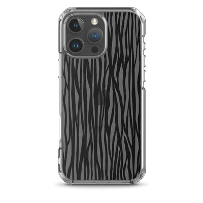 Clear protective case with solid polycarbonate back and flexible transparent sides for iPhone, featuring zebra stripe design and precise port openings.
