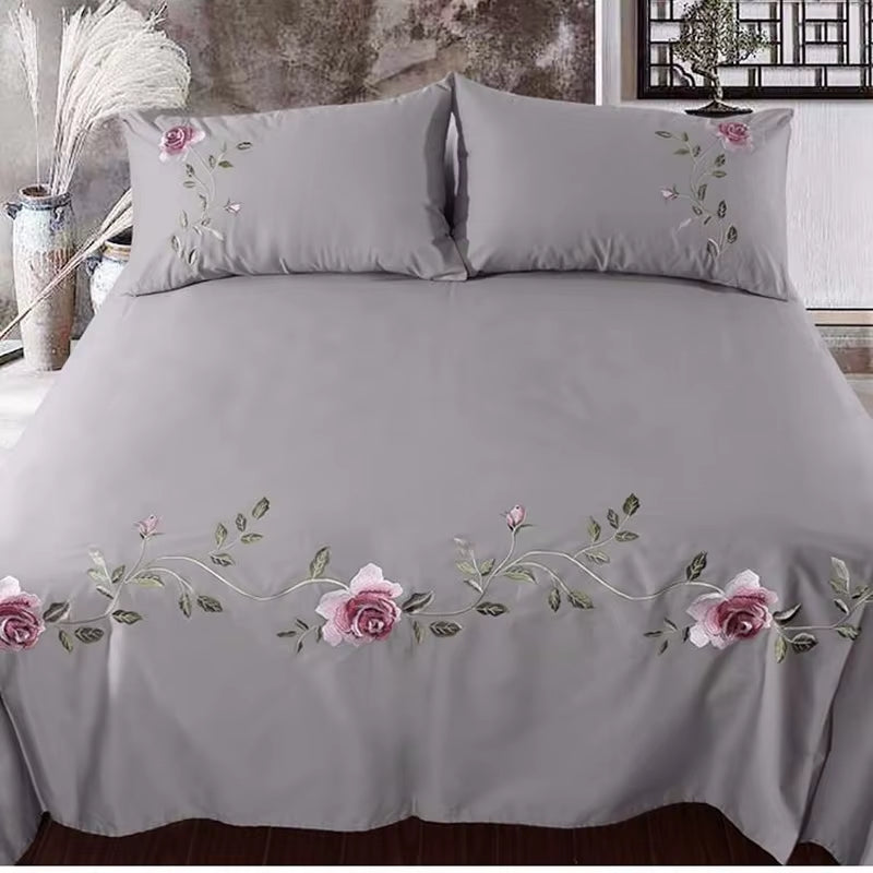 Rose Flora Embroidery Design Flat Bed Sheet Solid Colour Cotton Twill Linen Bedding Luxury Home Textiles Queen King Size