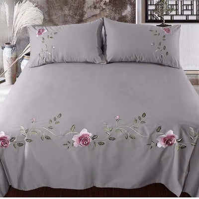 Rose Flora Embroidery Design Flat Bed Sheet Solid Colour Cotton Twill Linen Bedding Luxury Home Textiles Queen King Size