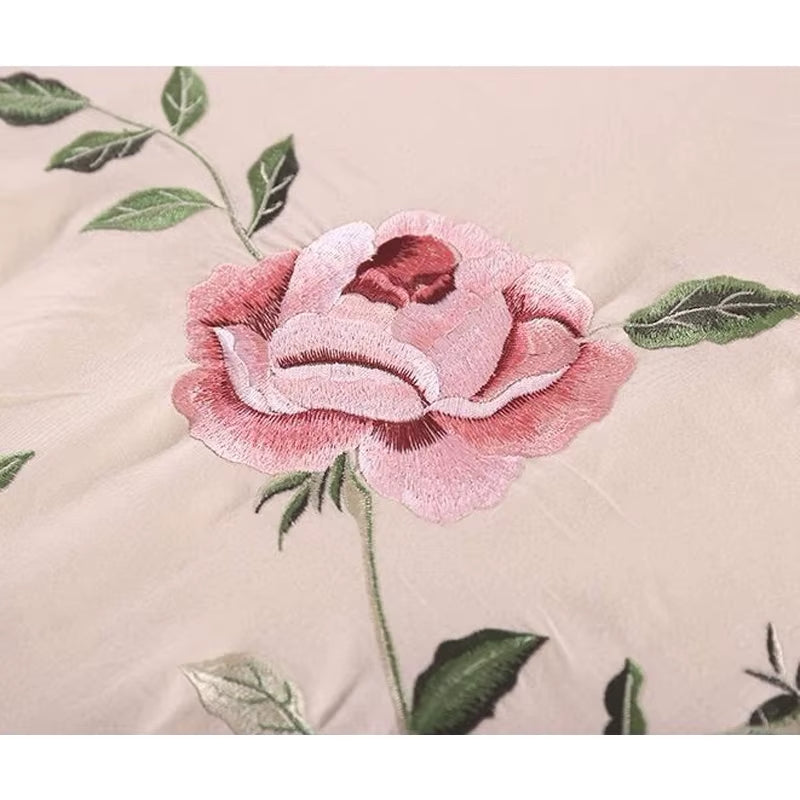 Rose Flora Embroidery Design Flat Bed Sheet Solid Colour Cotton Twill Linen Bedding Luxury Home Textiles Queen King Size