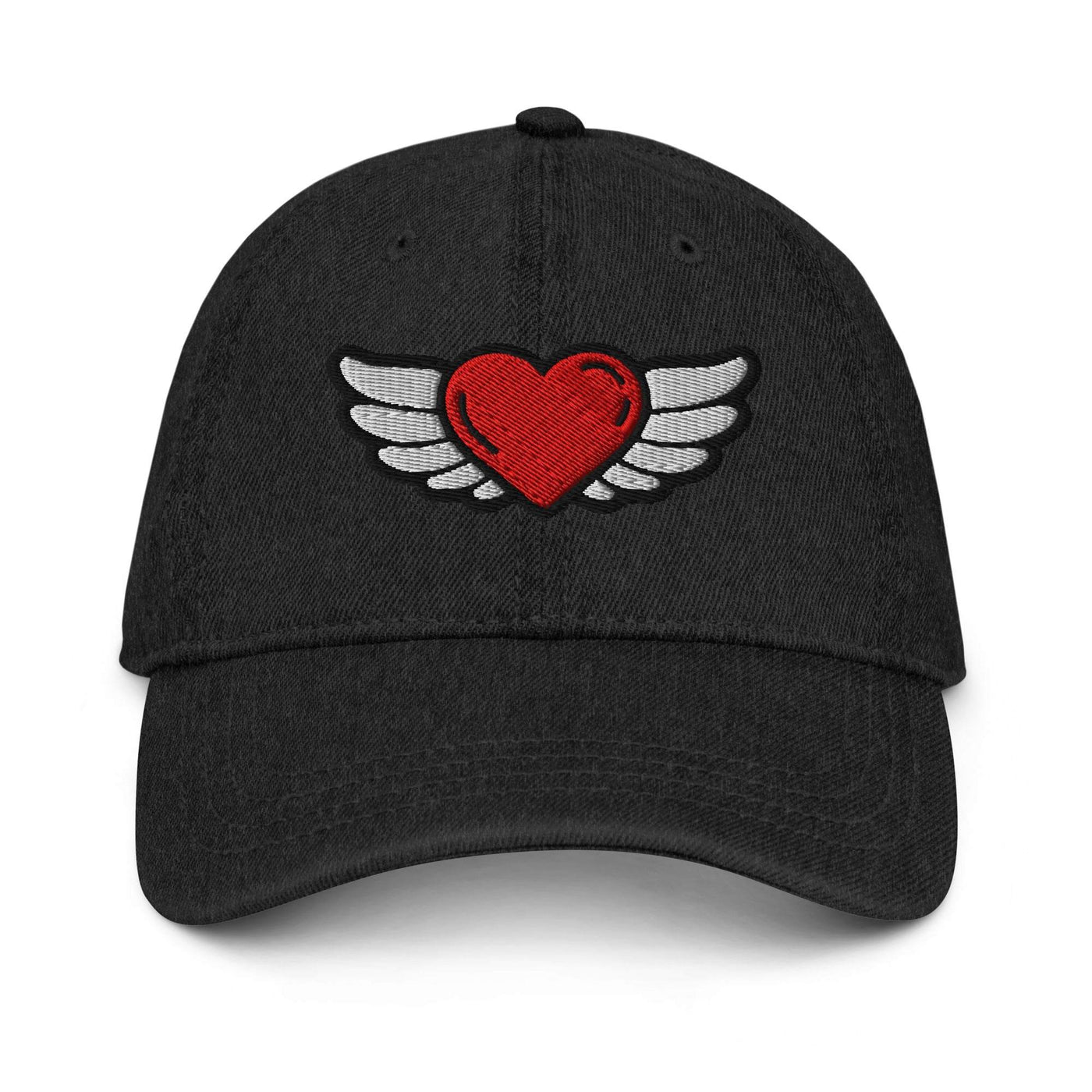 Black denim hat with red heart and white wings embroidered on the front, adjustable strap, and six-panel design