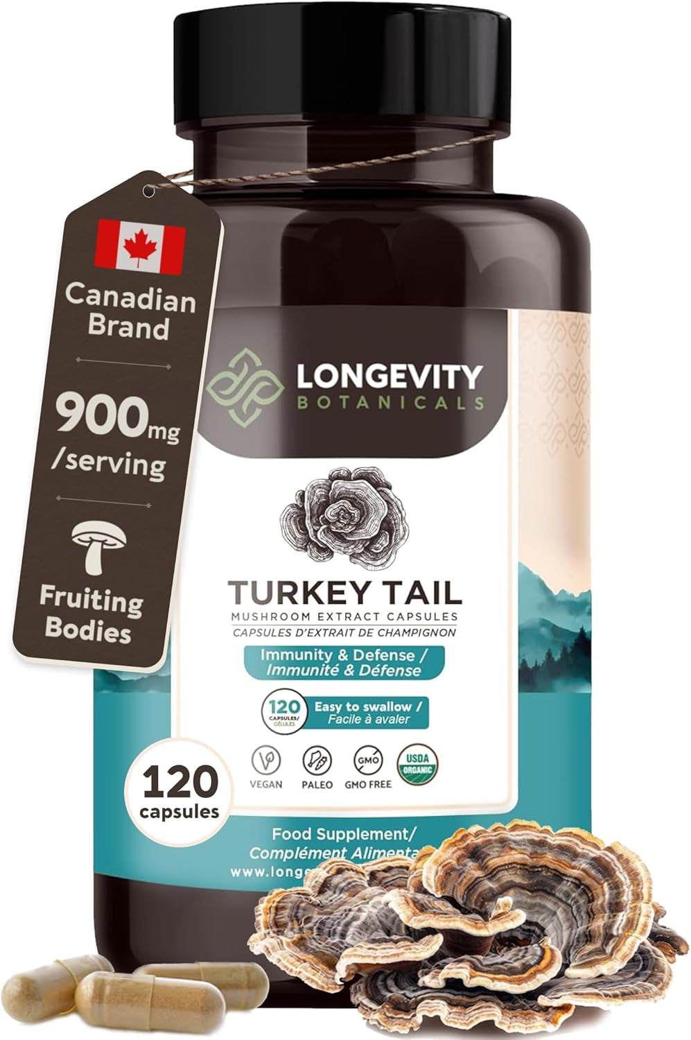 Organic Turkey Tail Mushroom Extract Capsules (120) | Concentrated 10:1 Ratio | 100% Fruiting Bodies | Trametes Versicolor Natural Supplement for Gut & Immune Support