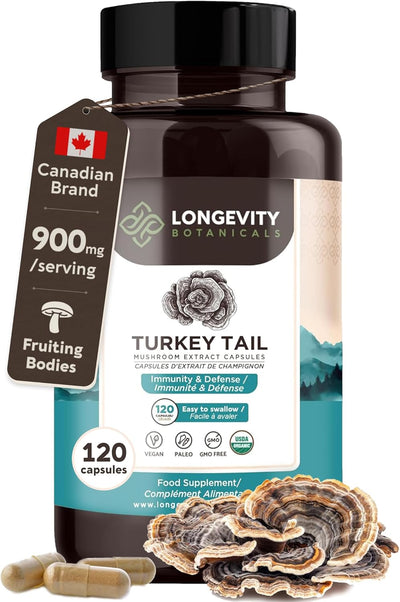 Organic Turkey Tail Mushroom Extract Capsules (120) | Concentrated 10:1 Ratio | 100% Fruiting Bodies | Trametes Versicolor Natural Supplement for Gut & Immune Support