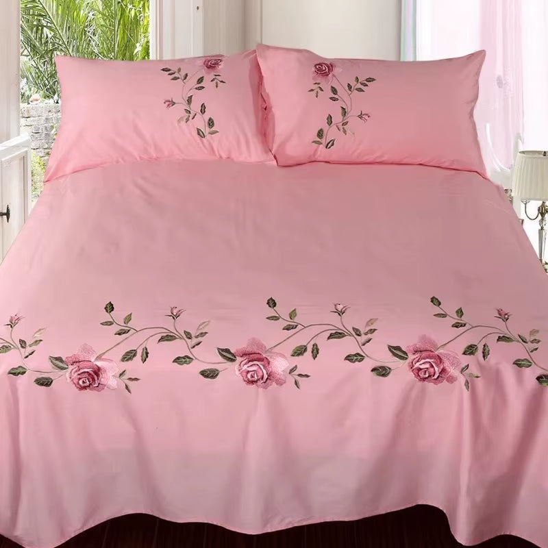 Rose Flora Embroidery Design Flat Bed Sheet Solid Colour Cotton Twill Linen Bedding Luxury Home Textiles Queen King Size