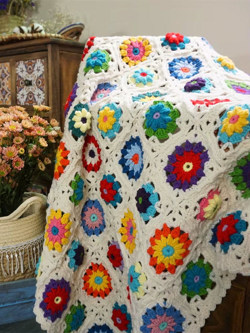 Handmade Craft Sofa Blanket Ceremony Hand Hooked Crochet Blanket Cushion Felt Pastoral Style Wedding Gift Home Decoration
