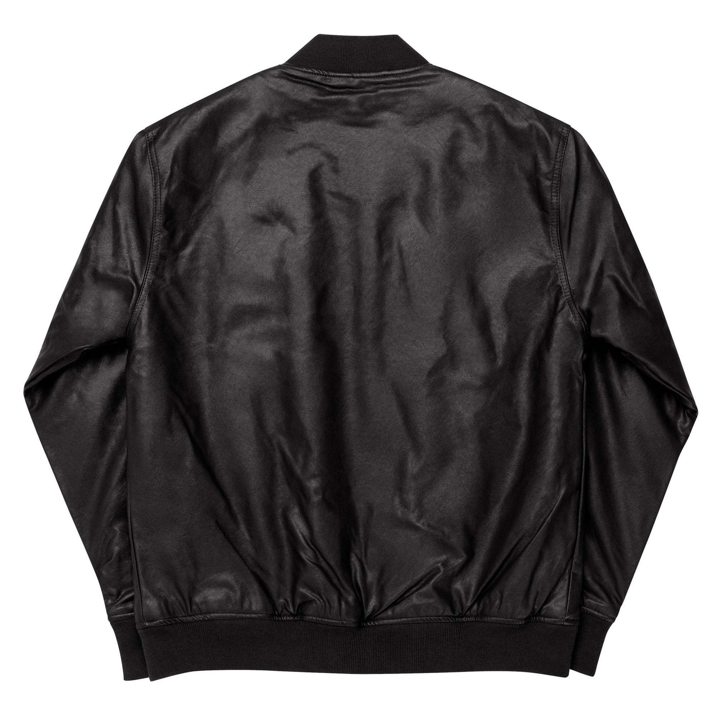 Black leather bomber jacket with rib-knit collar, cuffs, and hem shown from back side