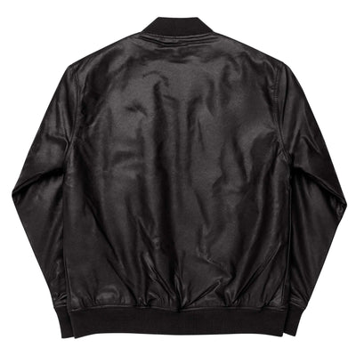 Black leather bomber jacket with rib-knit collar, cuffs, and hem shown from back side