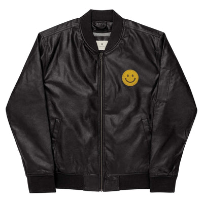 Black leather bomber jacket with rib-knit collar and cuffs, featuring a yellow smiley face patch on the chest and side pockets.
