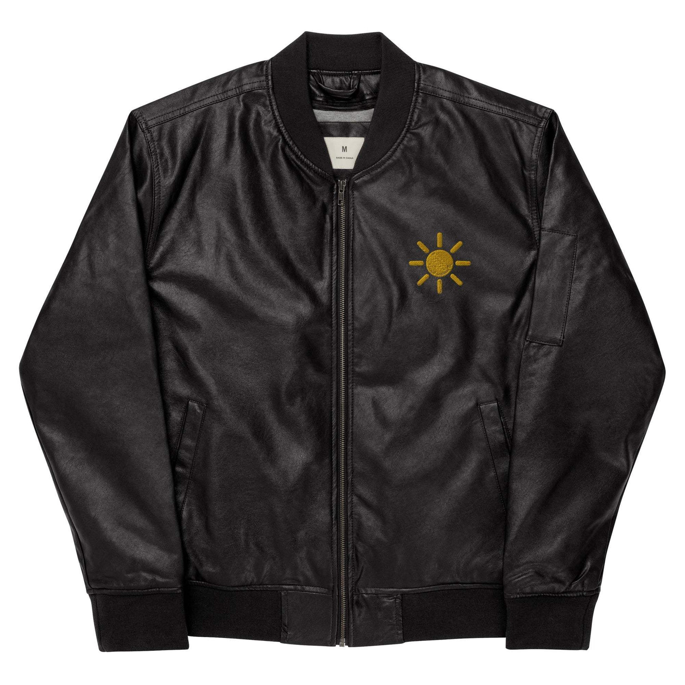 Black leather bomber jacket with rib-knit collar, cuffs, hem, and yellow sun embroidery on chest