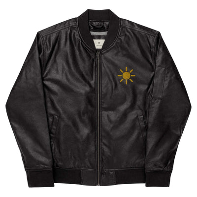 Black leather bomber jacket with rib-knit collar, cuffs, hem, and yellow sun embroidery on chest
