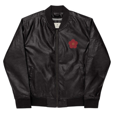 Black leather bomber jacket with rib-knit collar, cuffs, hem, and side pockets