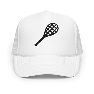 White foam trucker hat with black tennis racket graphic and mesh back panel