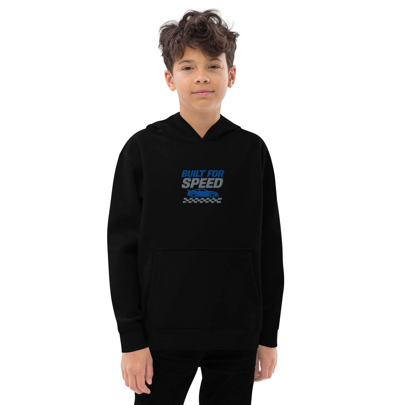 Boy wearing black kids fleece hoodie with "Built for Speed" text and checkered flag design