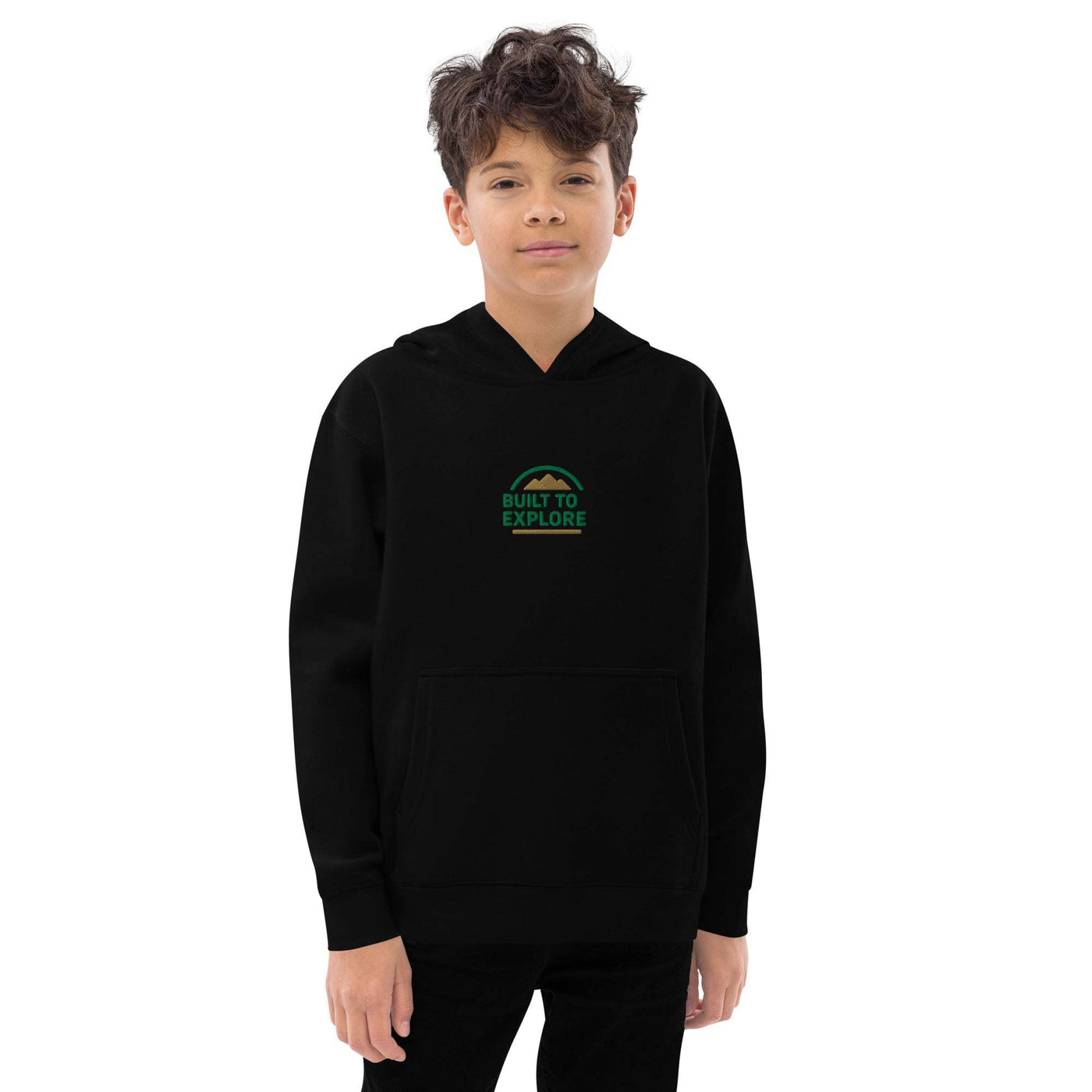 Black kids fleece hoodie with "Built to Explore" green graphic, soft and cozy fit for adventures