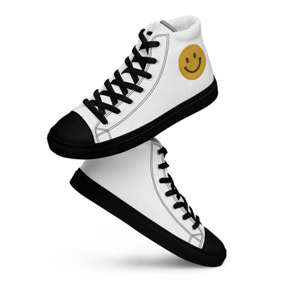 Men’s high top canvas shoes in white with black laces and sole, featuring a smiley face design and faux leather toe caps
