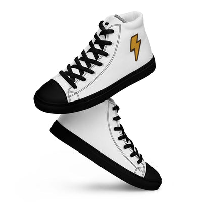 Men’s high top canvas shoes in white with black soles, laces, and toe caps, featuring a yellow lightning bolt design.