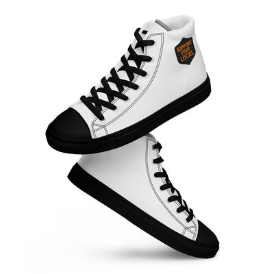 Men’s white high top canvas shoes with black laces and toe cap, featuring "Support Your Local" patch on ankle.